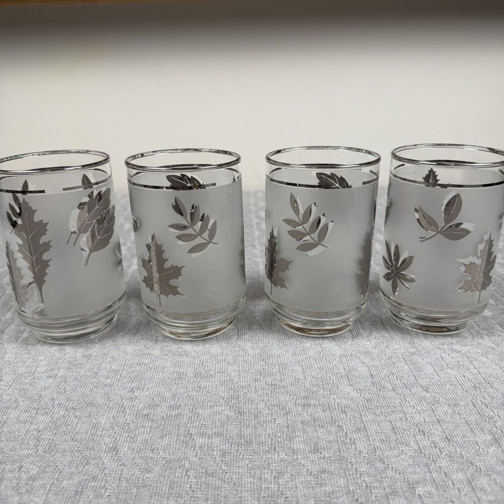 Vintage MCM Libbey Frosted SILVER Foliage Leaf Tumbler 4.5" Glasses SET Of 4